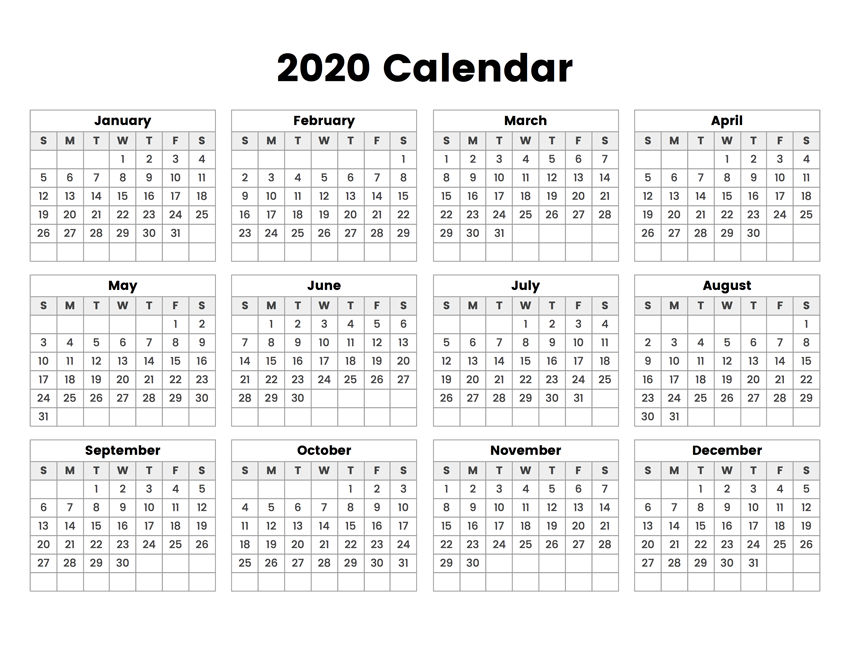 Yearly Calendar 2020 - A Printable Calendar Yearly Calendar 2020 - A Printable Calendar