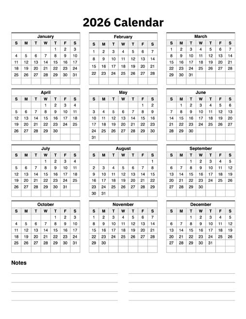 2026 Calendar One Page With Notes - A Printable Calendar