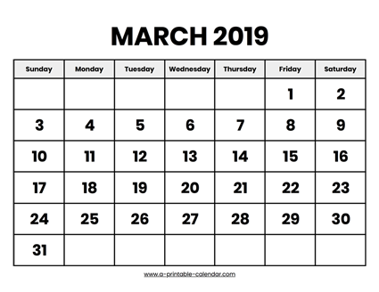 March Calendar 2019 Printable - A Printable Calendar