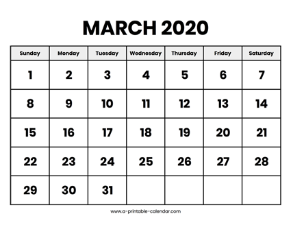 March 2020 Calendar Printable