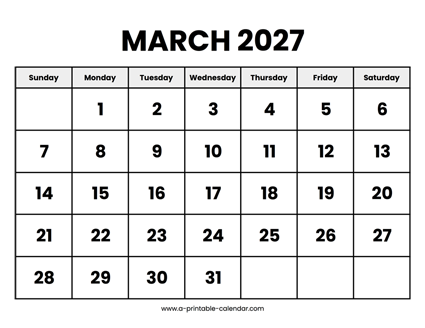 March 2027 Calendar Printable