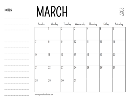 March 2027 Printable Calendar