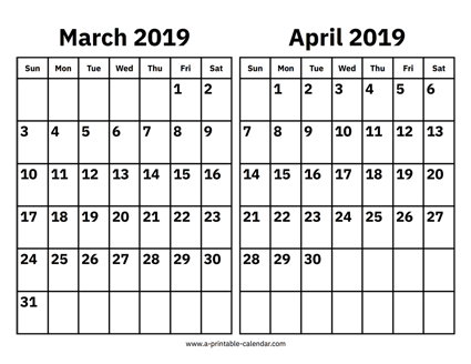 March and April 2019 Calendar