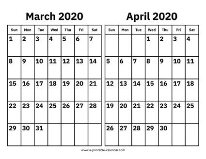 March and April 2020 Calendar