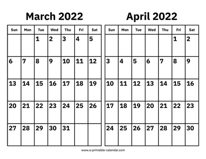 March and April 2022 Calendar
