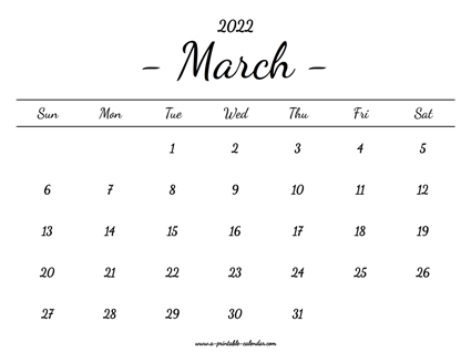 March Calendar 2022 Printable