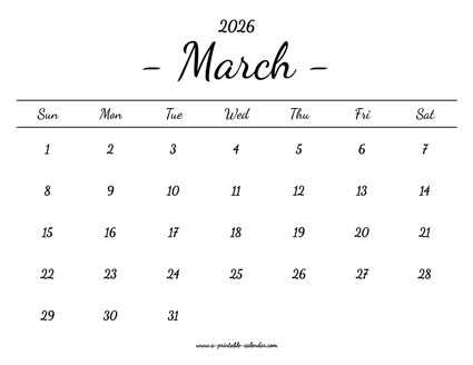 March Calendar 2026 Printable