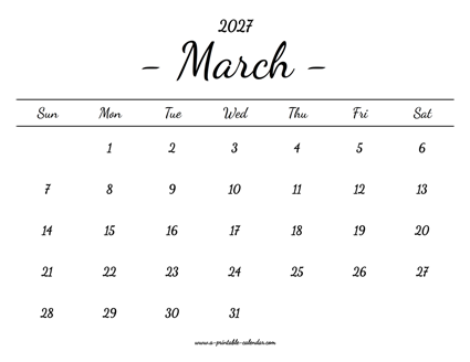 March Calendar 2027 Printable