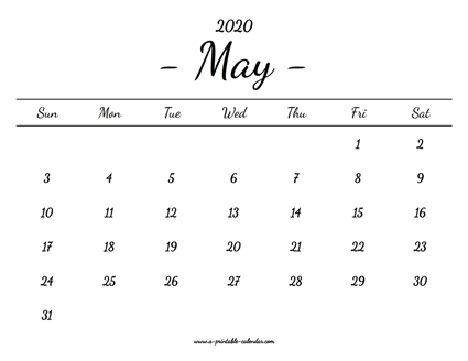 May Calendar 2020 Printable