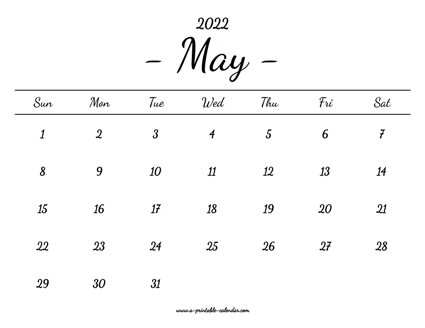 May Calendar 2022 Printable