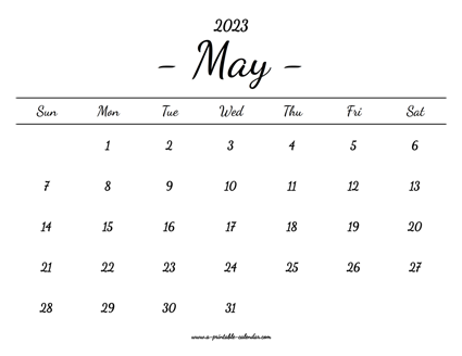May Calendar 2023 Printable