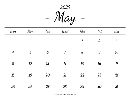 May Calendar 2025 Printable