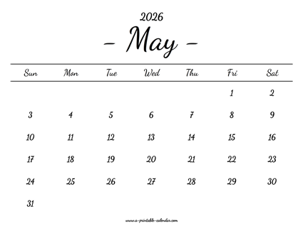 May Calendar 2026 Printable