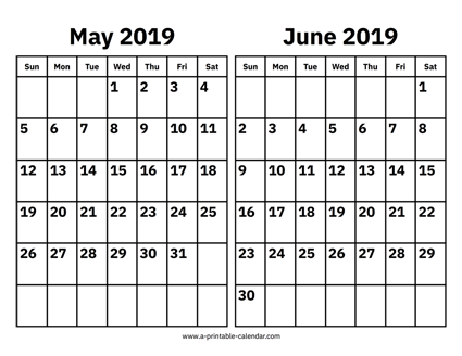 May and June 2019 Calendar