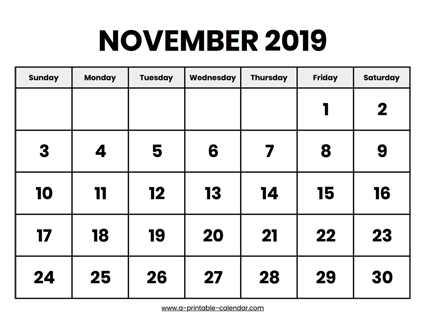 November 2019 Calendar Printable