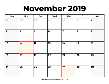 November 2019 Calendar With Holidays