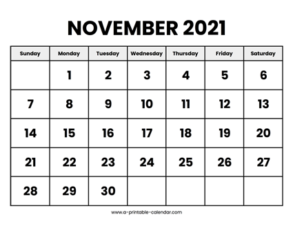 November 2021 Calendar Printable