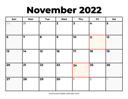 November 2022 Calendar With Holidays