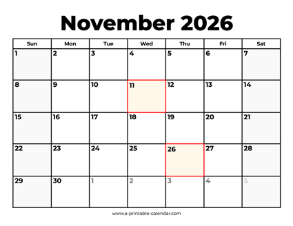 November 2026 Calendar With Holidays