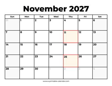 November 2027 Calendar With Holidays