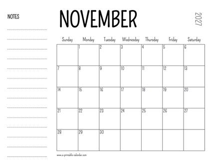 November 2027 Printable Calendar