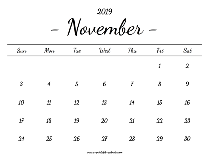 November Calendar 2019 Printable