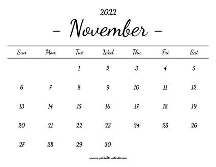 November Calendar 2022 Printable