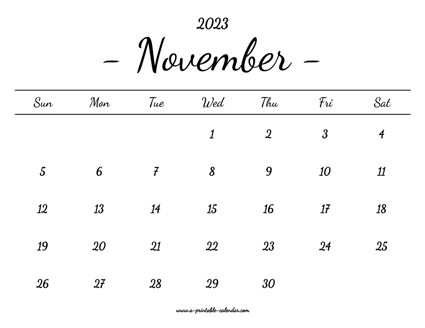 November Calendar 2023 Printable