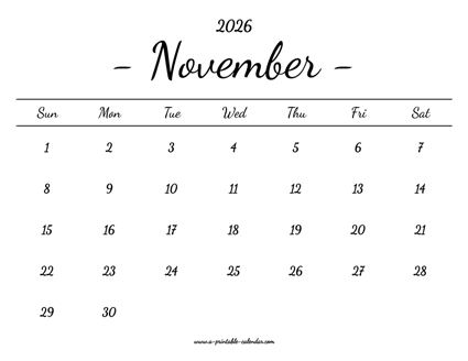 November Calendar 2026 Printable