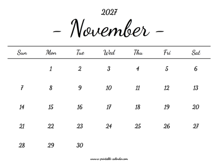 November Calendar 2027 Printable