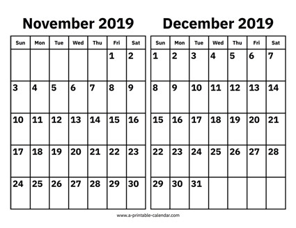 November and December 2019 Calendar