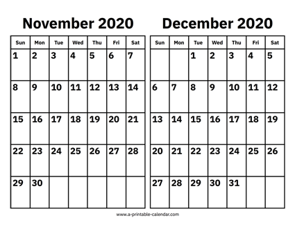 november and december 2020 calendar printable calendar 2020 2020 calendar november december