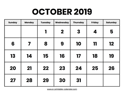 October 2019 Calendar Printable