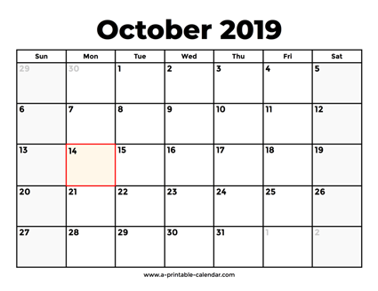 October 2019 Calendar With Holidays