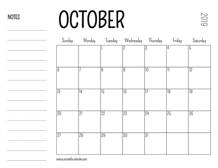 October 2019 Printable Calendar - A Printable Calendar