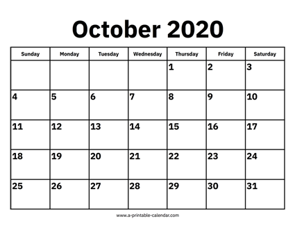 October 2020 Calendar