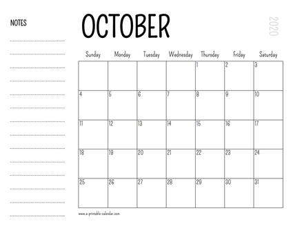 October 2020 Printable Calendar - A Printable Calendar
