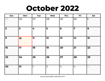 October 2022 Calendar With Holidays