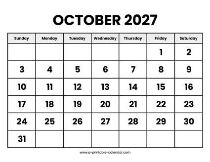 October 2027 Calendar Printable