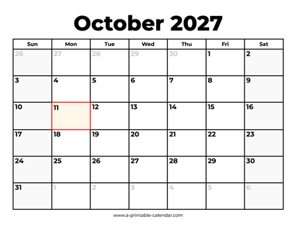 October 2027 Calendar With Holidays