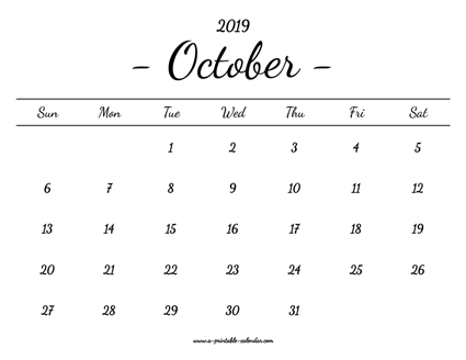 October Calendar 2019 Printable - A Printable Calendar