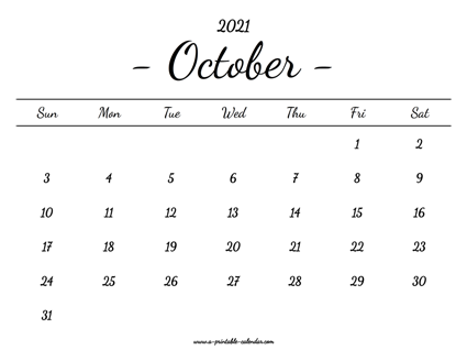 October Calendar 2021 Printable