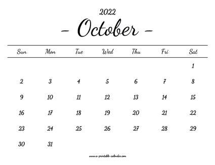 October Calendar 2022 Printable