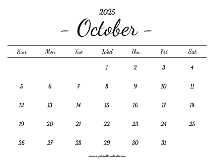 October Calendar 2025 Printable