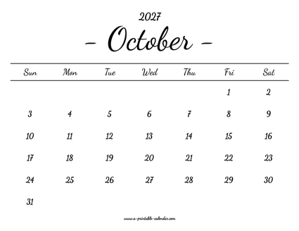 October Calendar 2027 Printable