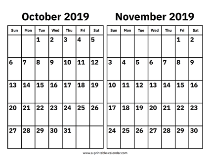 October and November 2019 Calendar