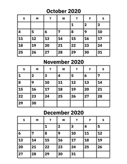 October, November and December 2020 Calendar