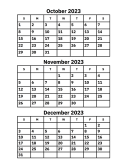 October, November and December 2023 Calendar