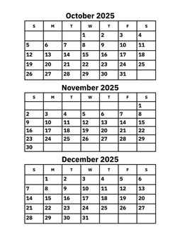 October, November and December 2025 Calendar