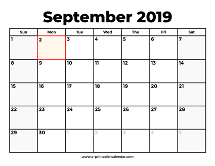 September 2019 Calendar With Holidays